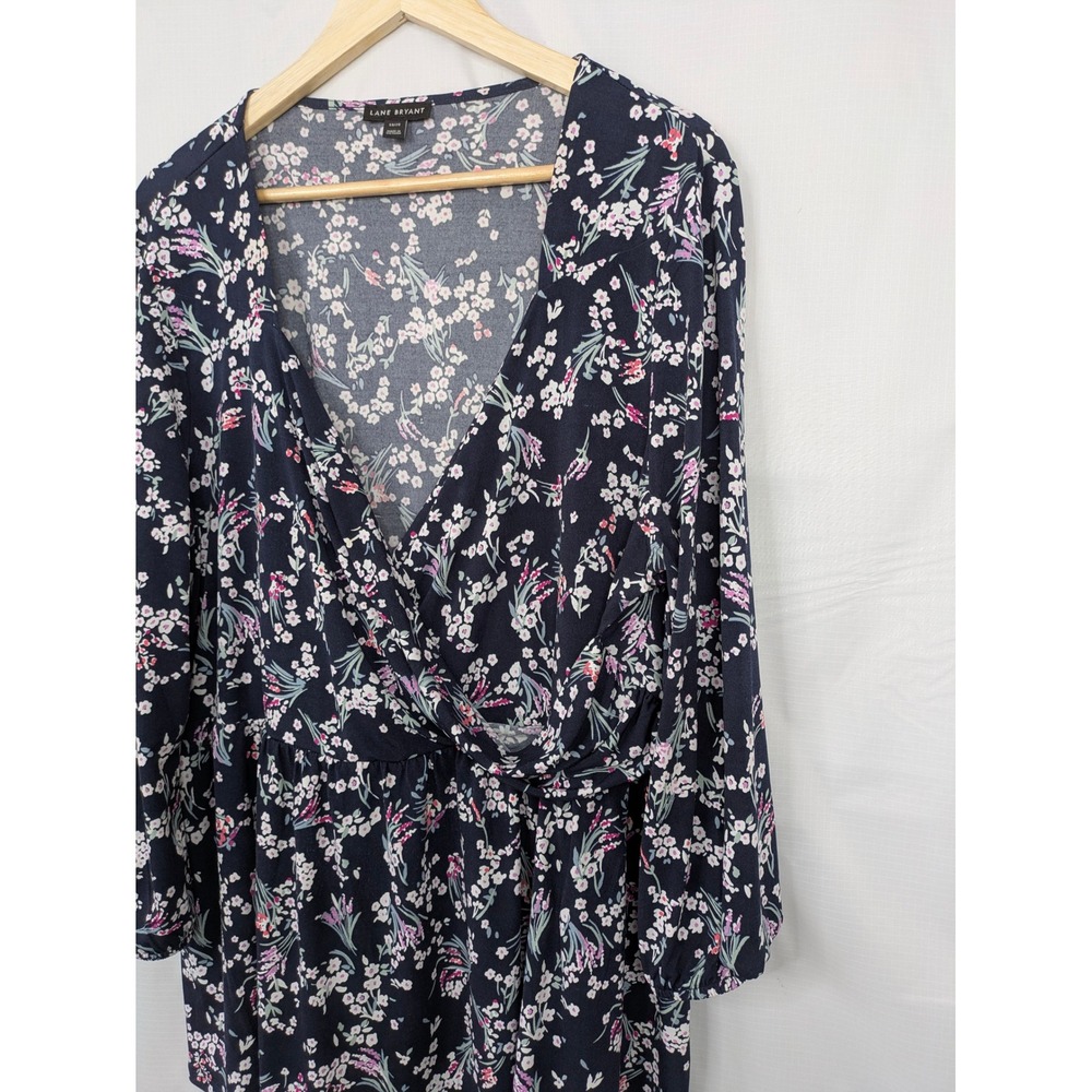 Lane Bryant Faux Wrap Floral Top Women 18/20 Navy Bishop Sleeve Stretch Blouse - Picture 5 of 14